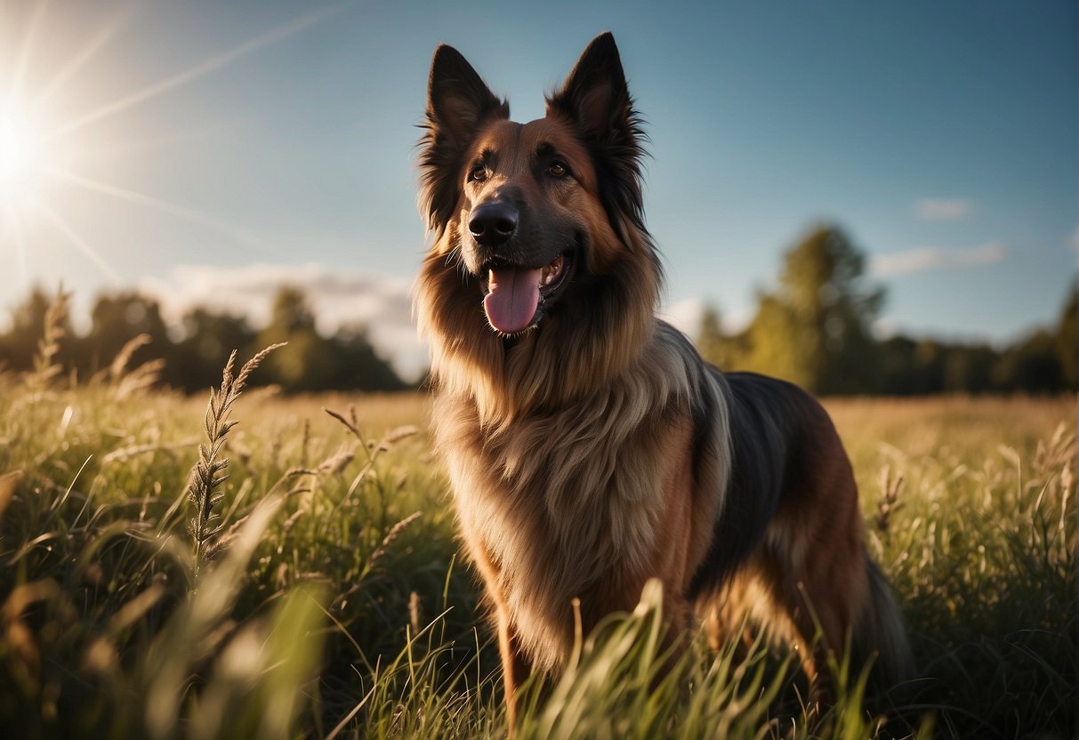 A Belgian Tervuren shepherd stands in a grassy field, alert and attentive, with its thick, long fur shining in the sunlight