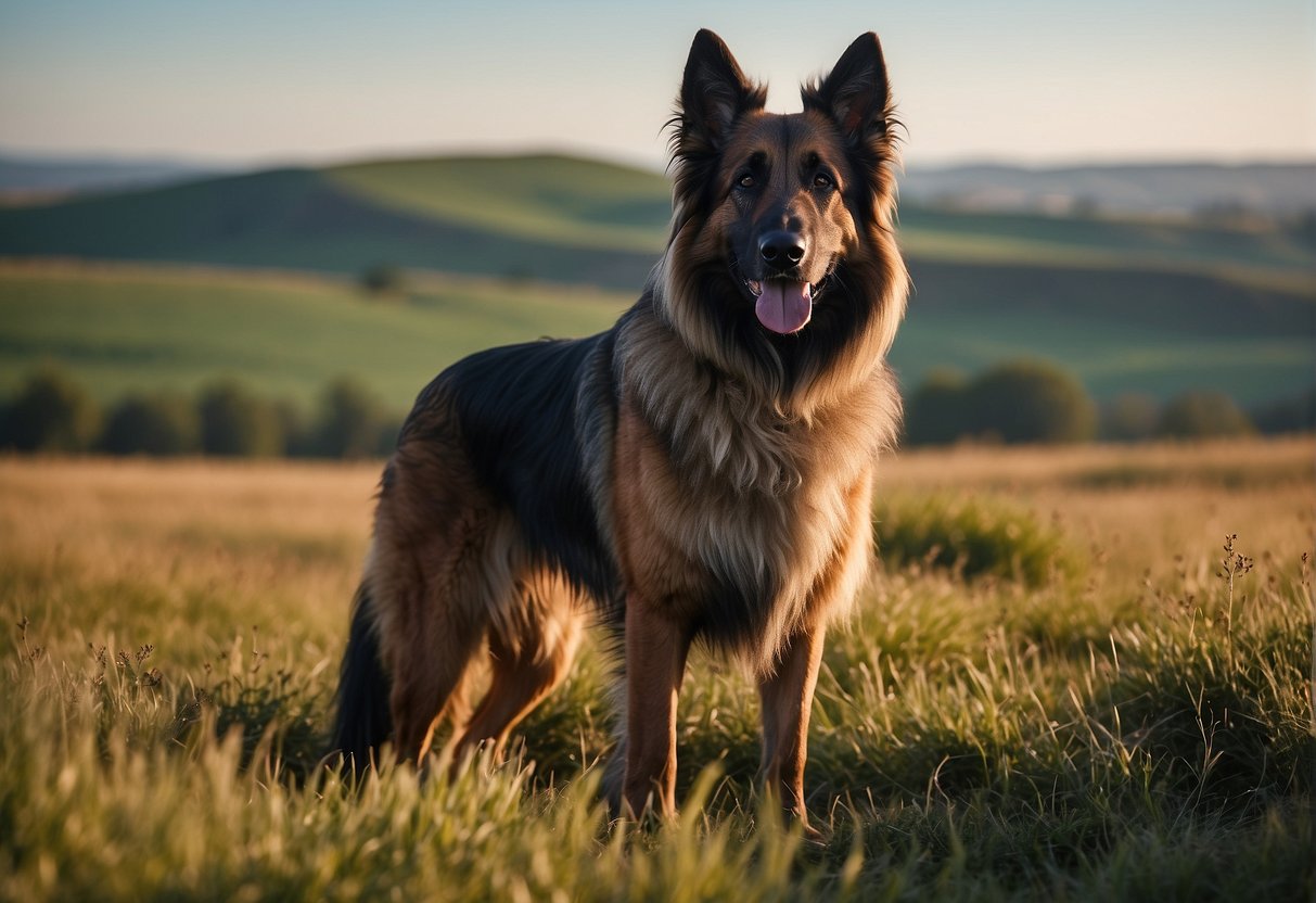 A Belgian Tervuren shepherd standing in a field, with a backdrop of rolling hills and a clear blue sky