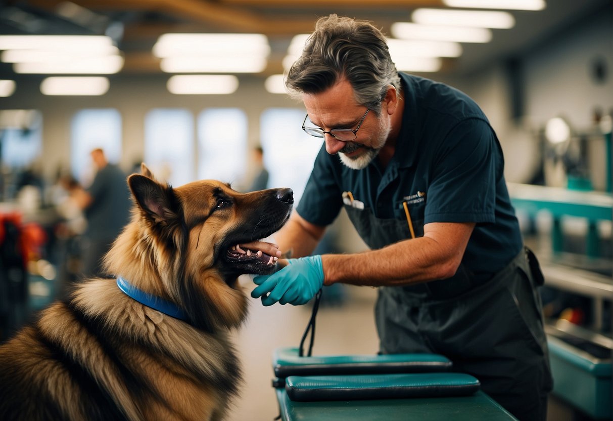 A Belgian Tervuren shepherd dog being groomed and cared for by a professional