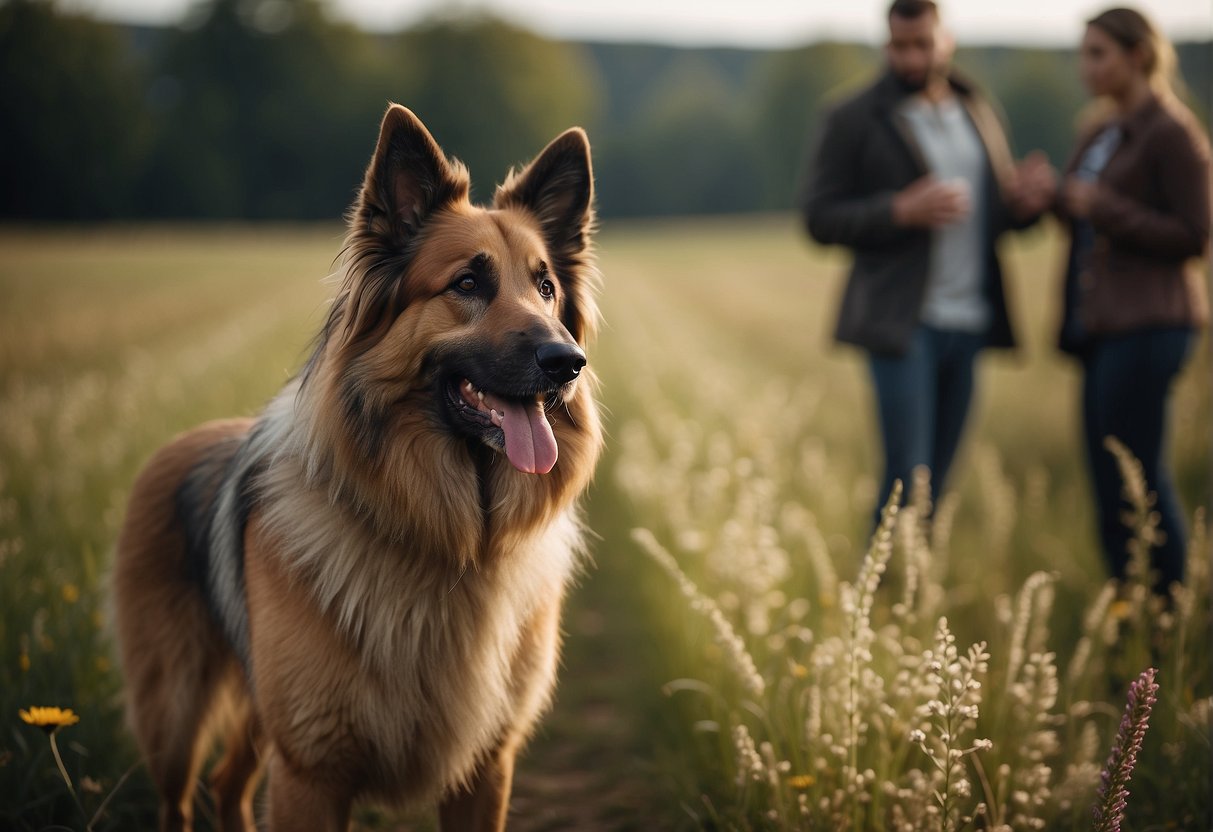 A Belgian Tervuren shepherd dog stands in a field, with a curious expression, surrounded by a group of people asking questions