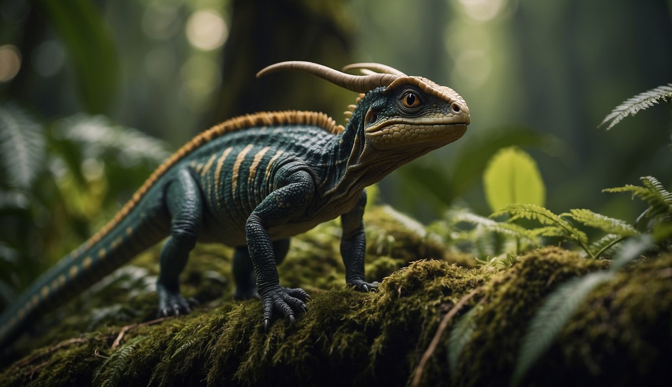 Aquilops stands in a lush, prehistoric forest.

Its tiny horned head peers out from the foliage, capturing the essence of America's ancient dinosaur