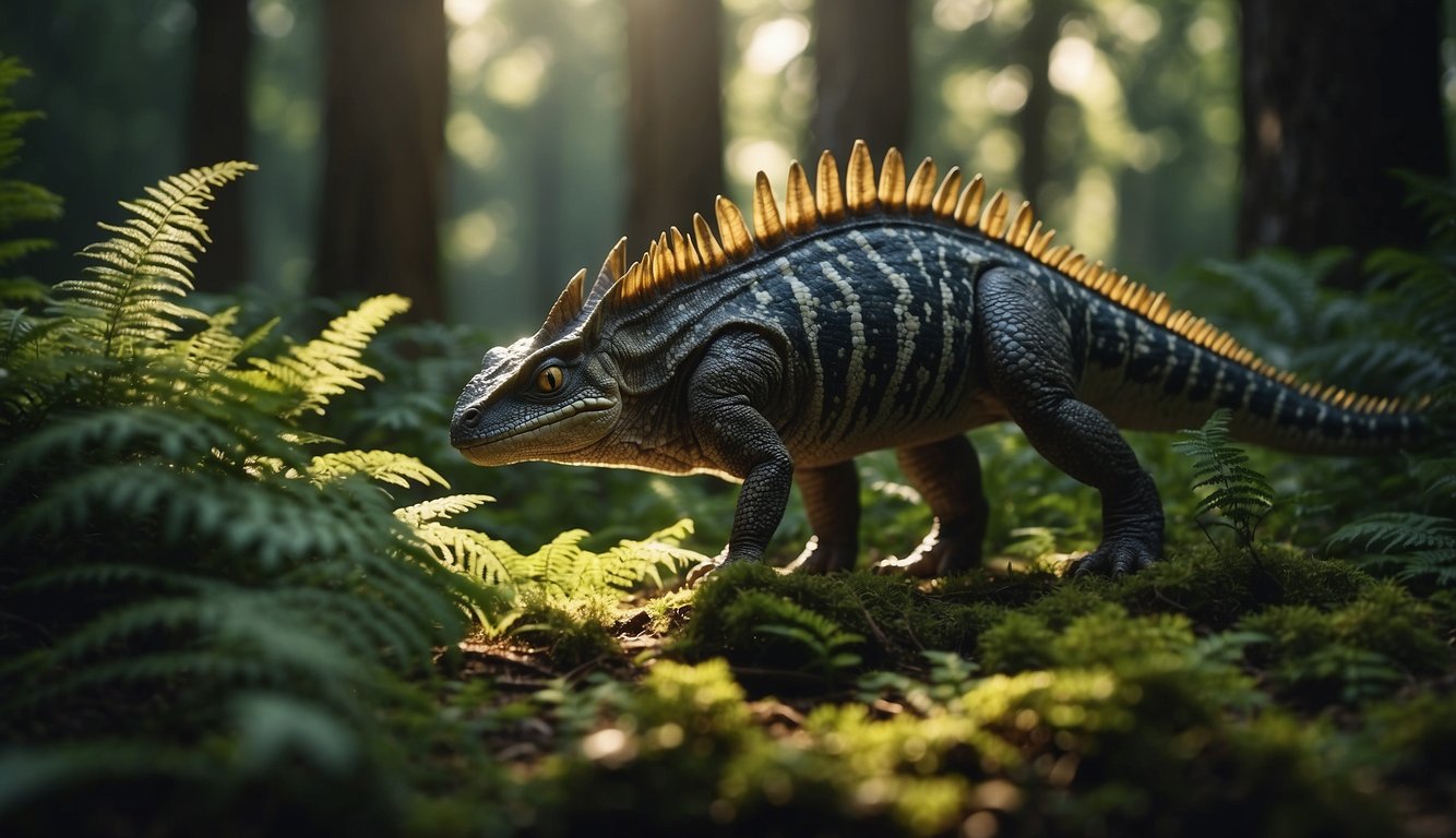 Aquilops roam a lush, prehistoric landscape.

Small, horned dinosaurs graze among ferns and towering conifers. Sunlight filters through the dense canopy, casting dappled shadows on the forest floor