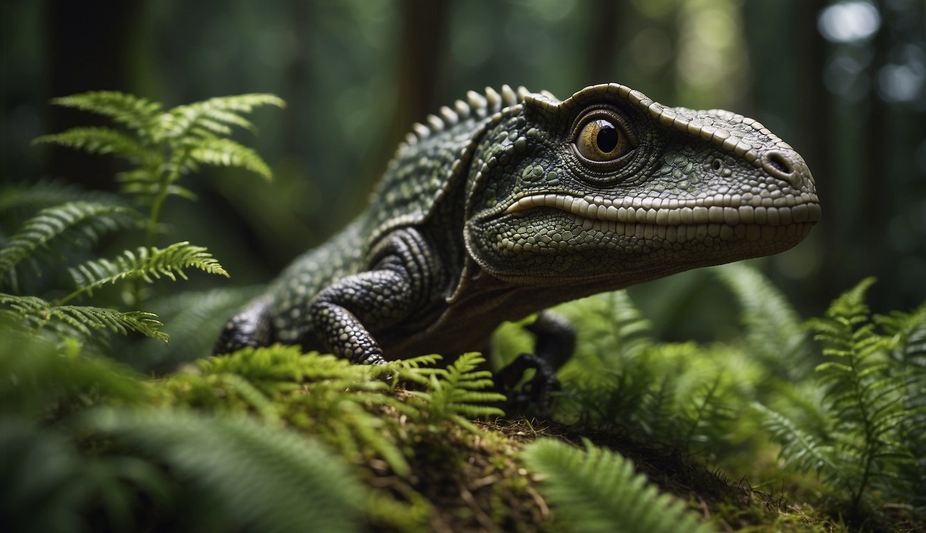 Aquilops roamed a lush, prehistoric landscape, surrounded by ferns and towering conifers, as it foraged for food and interacted with its fellow dinosaurs
