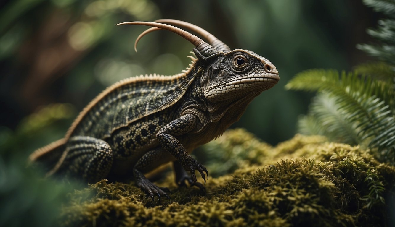 Aquilops stands in a prehistoric forest, surrounded by ferns and towering conifers.

Its tiny horned head is raised, as it surveys its ancient surroundings