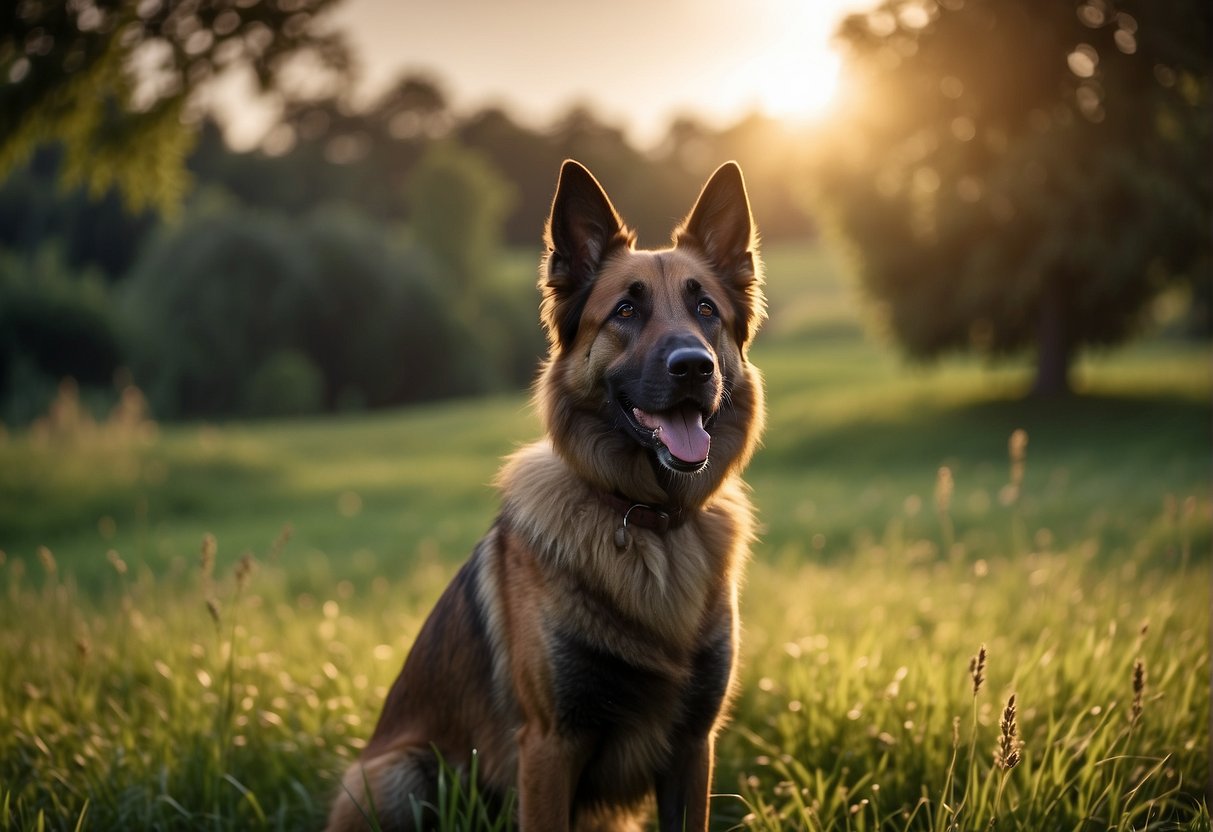 A Belgian shepherd stands in a lush green field, looking alert and attentive. The sun is shining, casting a warm glow over the scene