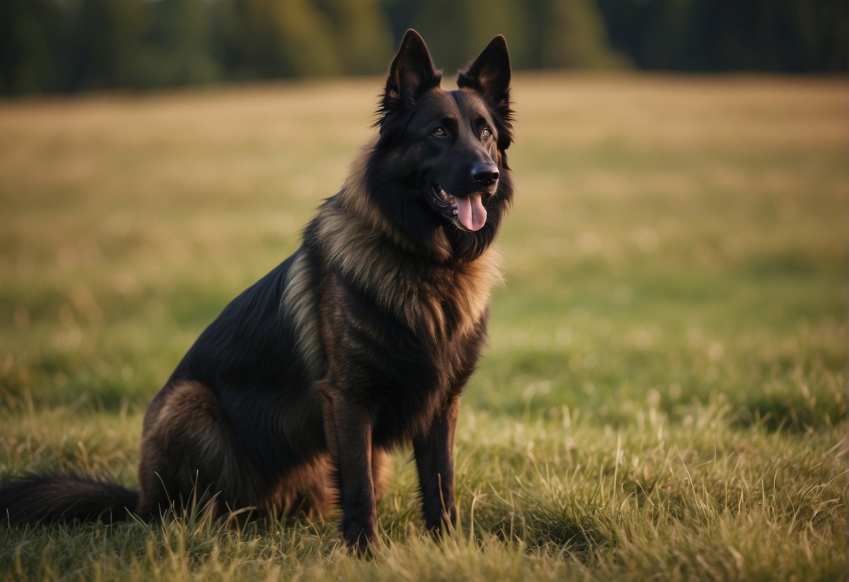 A Belgian Shepherd stands proudly in a grassy field, with a confident and alert expression. The dog's thick coat and pointed ears are prominent features, as it exudes an air of strength and intelligence