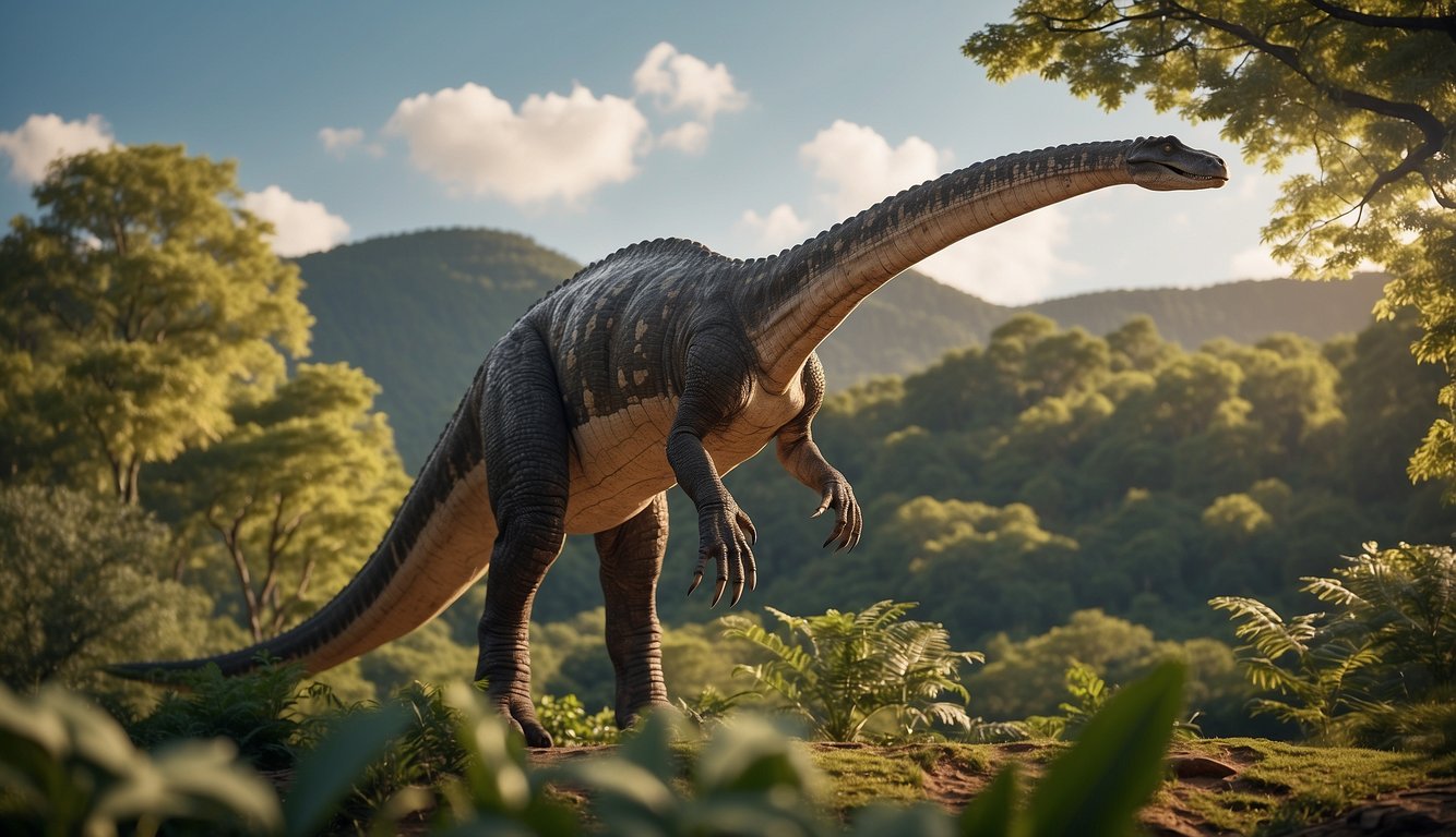 A Barosaurus stands tall, its long neck reaching for leaves high in the treetops.

It gazes out over a prehistoric landscape, its massive body defying predators