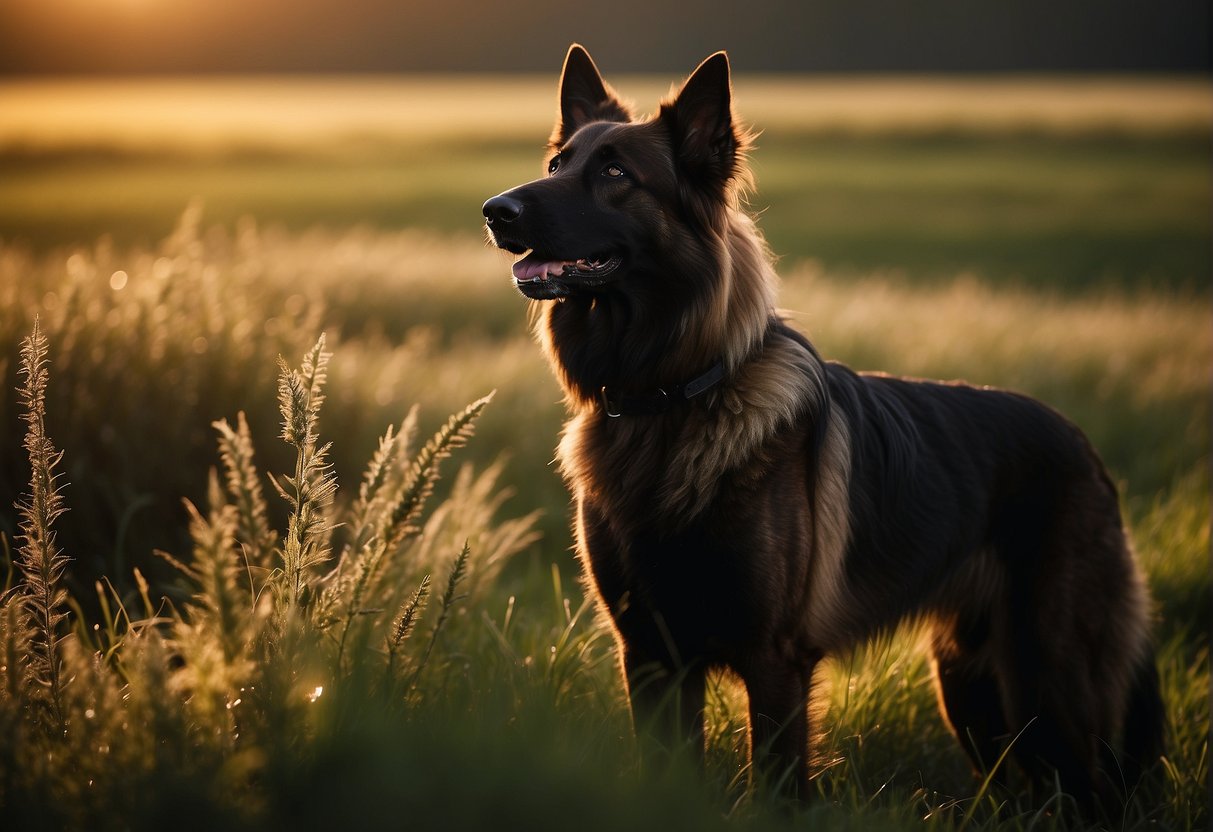 A Belgian Shepherd stands in a grassy field, its alert ears perked up as it gazes into the distance. The sun casts a warm glow on its thick, black fur, creating a striking silhouette against the horizon