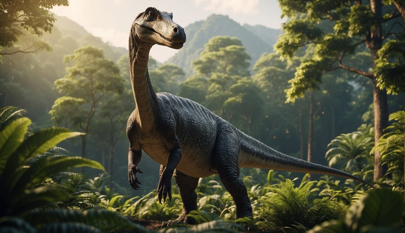 A Barosaurus stands tall in a prehistoric forest, surrounded by lush greenery and other dinosaurs.

Its long neck reaches up to feed on the leaves of towering trees