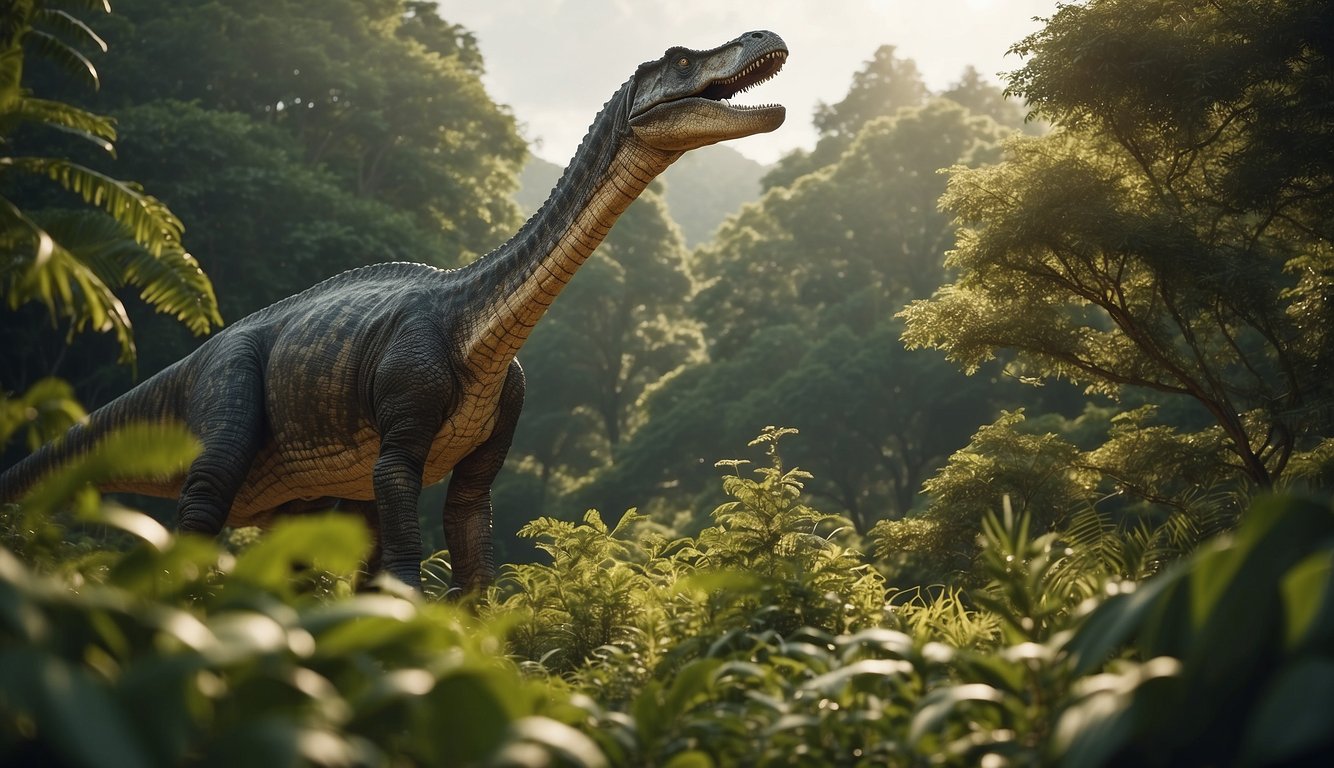A towering Barosaurus grazes on lush vegetation, its long neck reaching high into the treetops.

A herd of smaller dinosaurs scatter below, while a pair of predators eye the giant from a distance