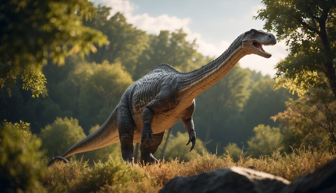 A Barosaurus stands tall, its long neck reaching for the treetops.

Its massive body defies predators in a prehistoric landscape