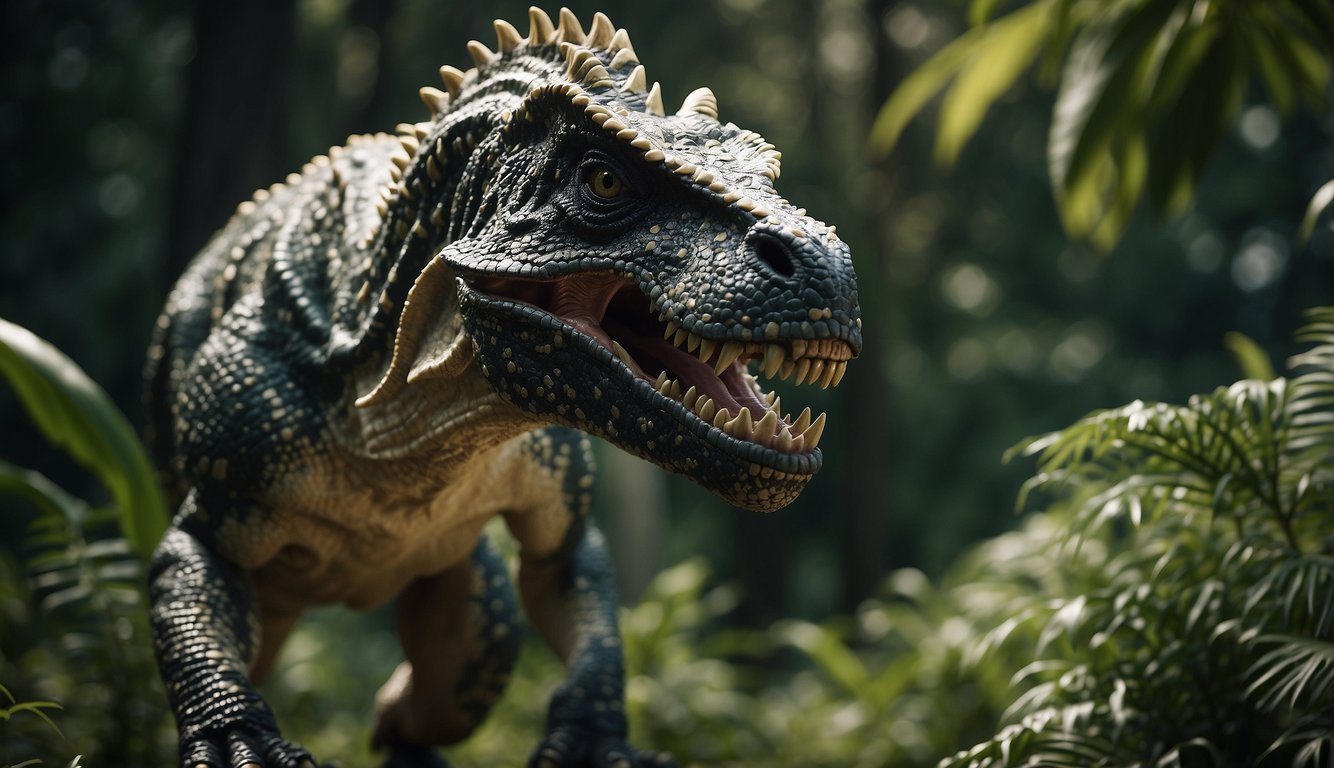 A Carnotaurus stalks through dense foliage, its muscular form poised for a strike.

Its sharp horns and powerful jaws hint at its predatory nature