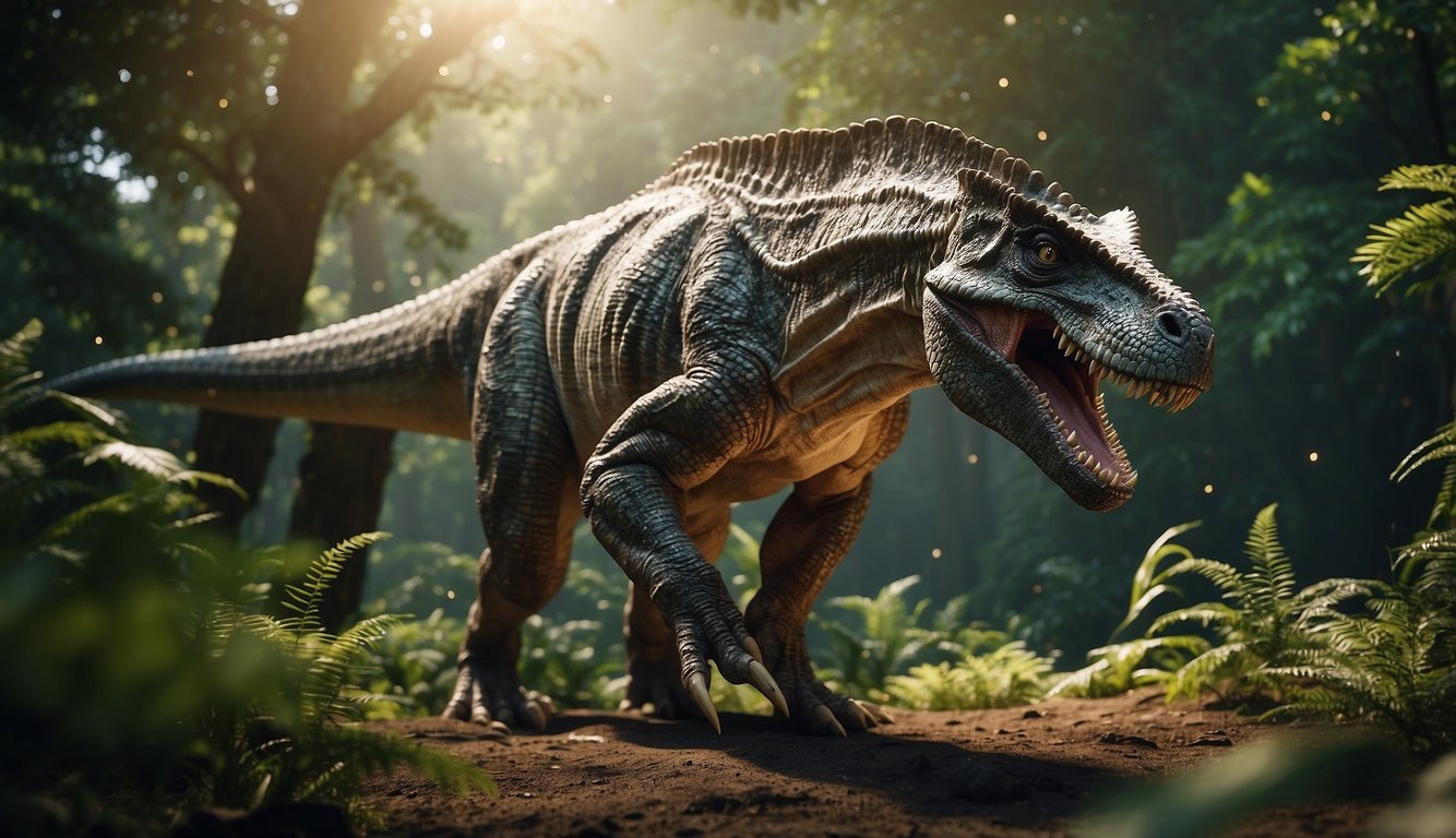 A Carnotaurus stands in a prehistoric landscape, surrounded by lush vegetation and other ancient creatures.

Its distinctive horns and powerful build convey a sense of dominance and strength