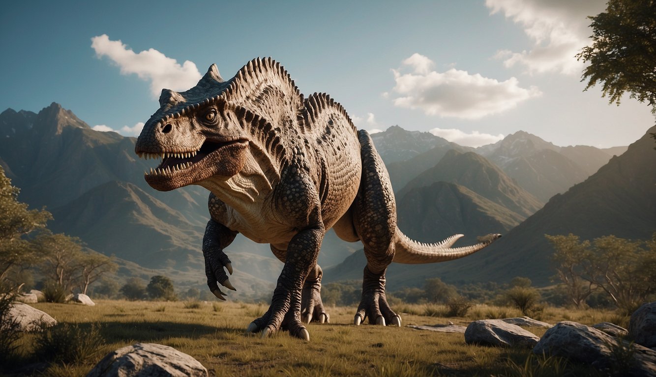 A Carnotaurus stands in a prehistoric landscape, its muscular body and distinctive horns on display.

The dinosaur exudes power and dominance as it surveys its surroundings