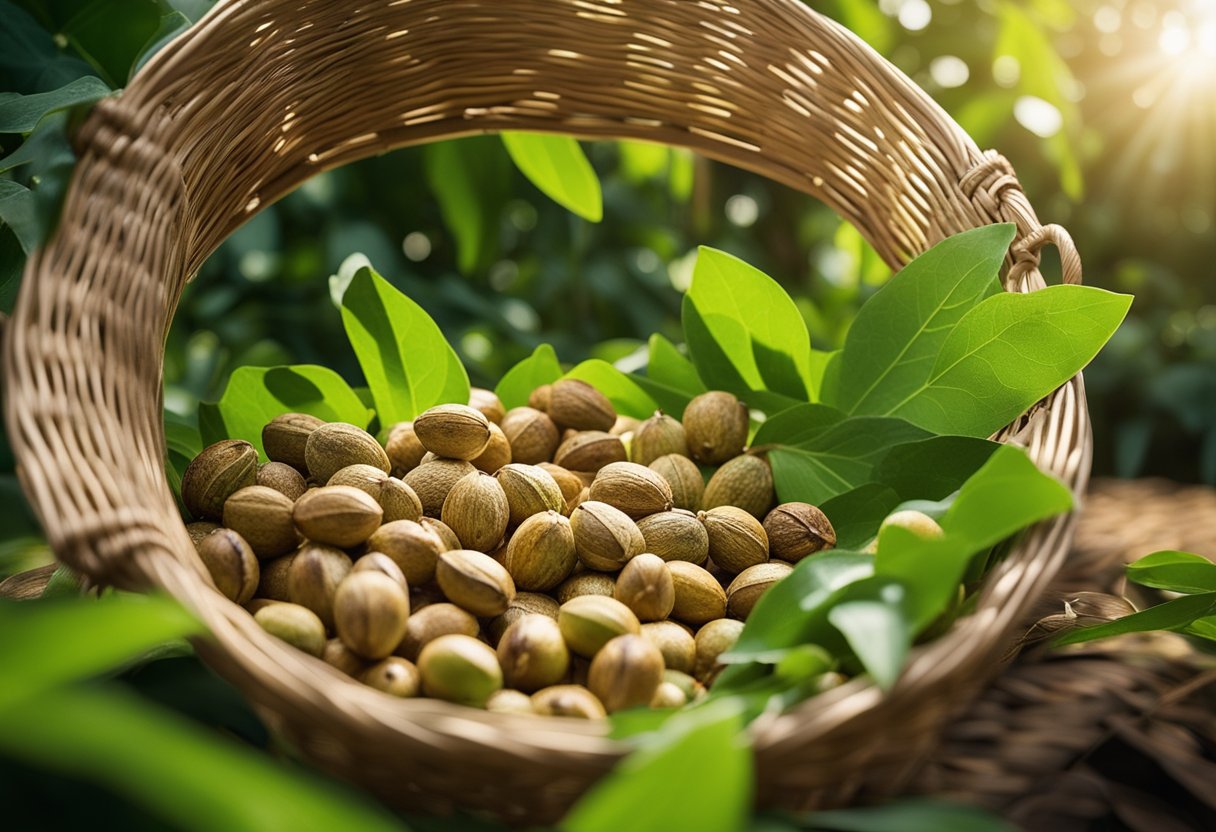 A pile of ripe mongongo nuts spills out of a woven basket, surrounded by lush green foliage and dappled sunlight