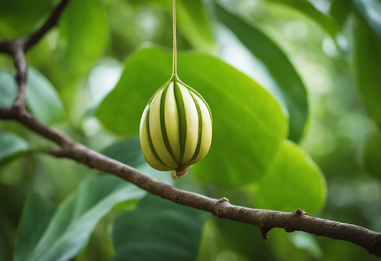 A ripe mongongo nut dangles from a slender branch, surrounded by lush green leaves. Its hard shell is cracked open, revealing a rich, creamy interior packed with essential nutrients