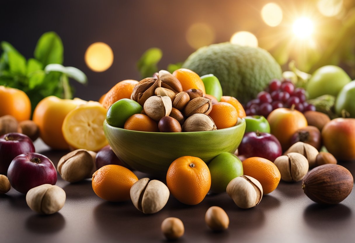 A pile of mongongo nuts surrounded by vibrant fruits and vegetables. A glowing halo of light illuminates the nuts, emphasizing their health benefits