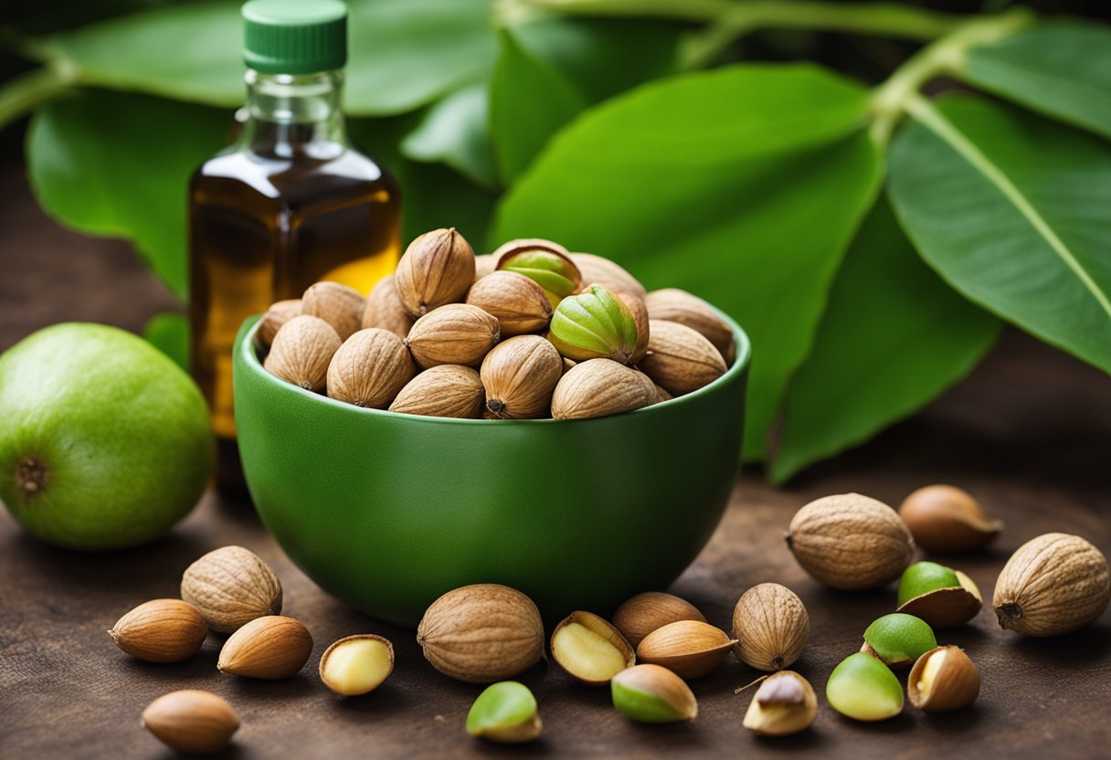 A pile of mongongo nuts surrounded by lush green leaves and ripe fruit, with a bottle of mongongo oil sitting nearby