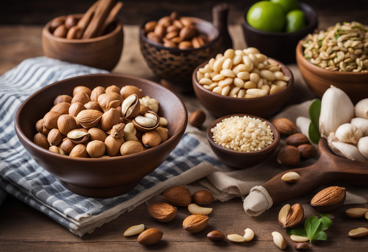 A bowl of mongongo nuts sits on a wooden table, surrounded by various cooking ingredients. A recipe book is open to a page featuring delicious dishes made with the nuts