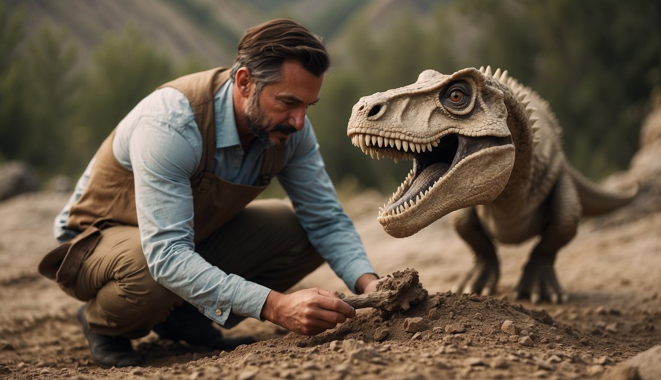 A paleontologist carefully brushes away dirt, revealing the fossilized remains of the fearsome Dinogorgon.

The ancient predator's sharp teeth and powerful jaws are exposed, capturing a moment frozen in time