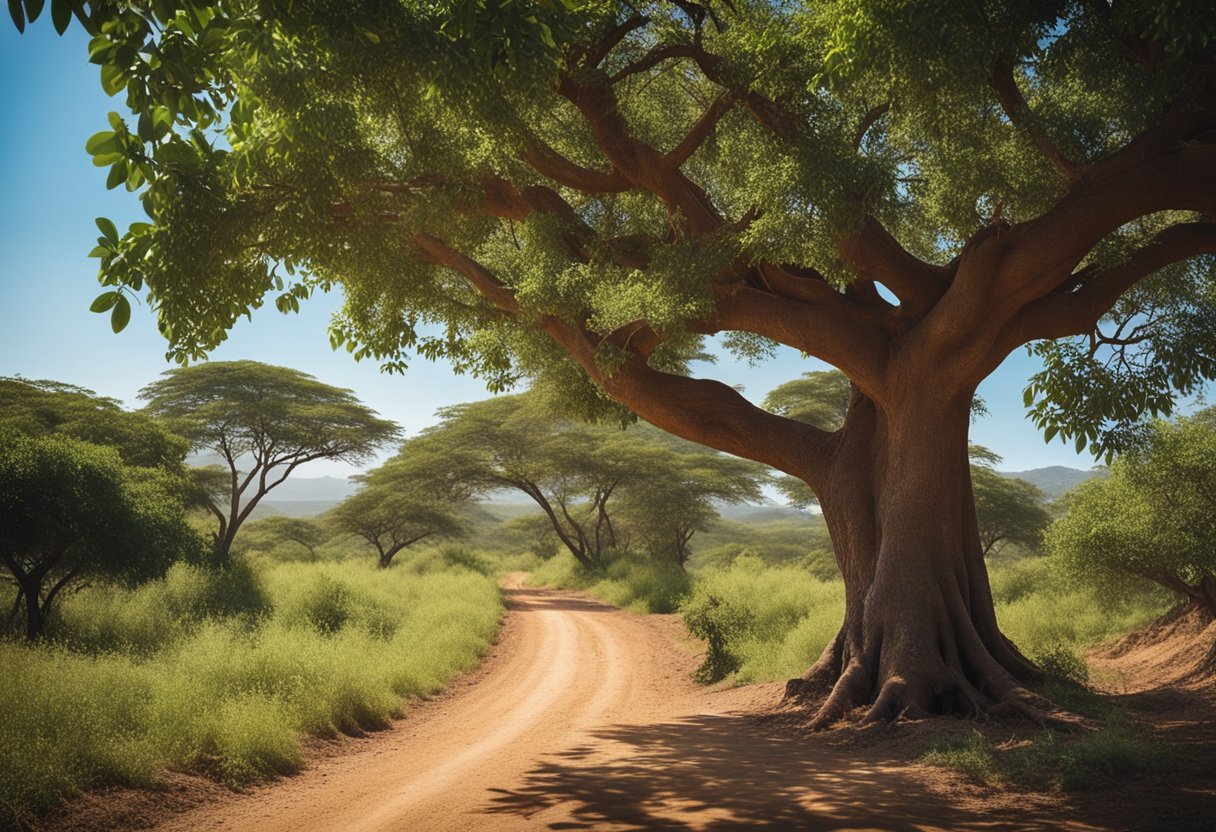 A lush African landscape with a cluster of mongongo nut trees, surrounded by diverse wildlife and a clear blue sky