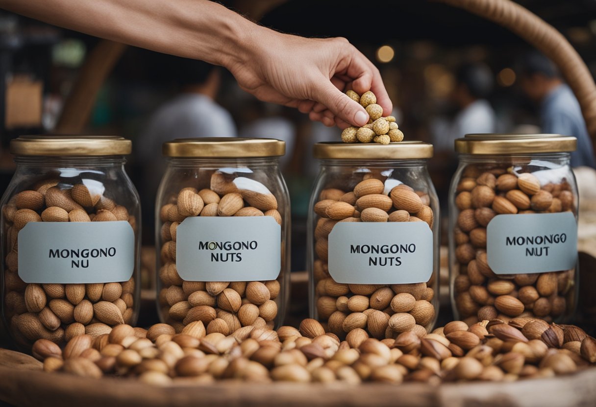 A hand reaches out to purchase a bag of mongongo nuts from a market stall. The nuts are then carefully stored in a glass jar, ready to be enjoyed for their health benefits