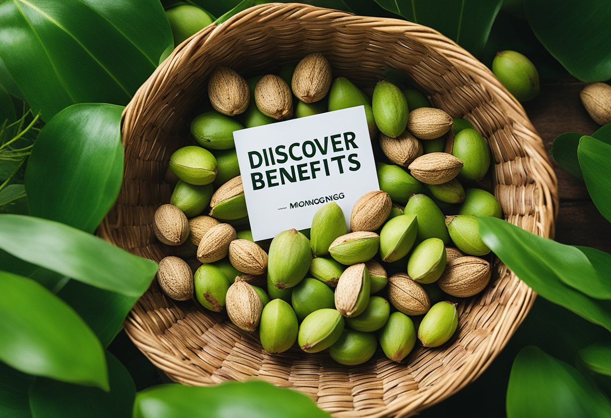 A pile of mongongo nuts spilling out of a woven basket, surrounded by vibrant green leaves and a few cracked open nuts, with a sign reading "Discover the Secret and Benefits of Mongongo Nuts" nearby