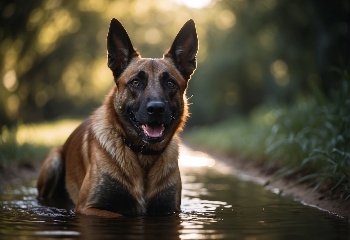A Belgian Malinois dog in heat, panting and restless, seeking shade and water