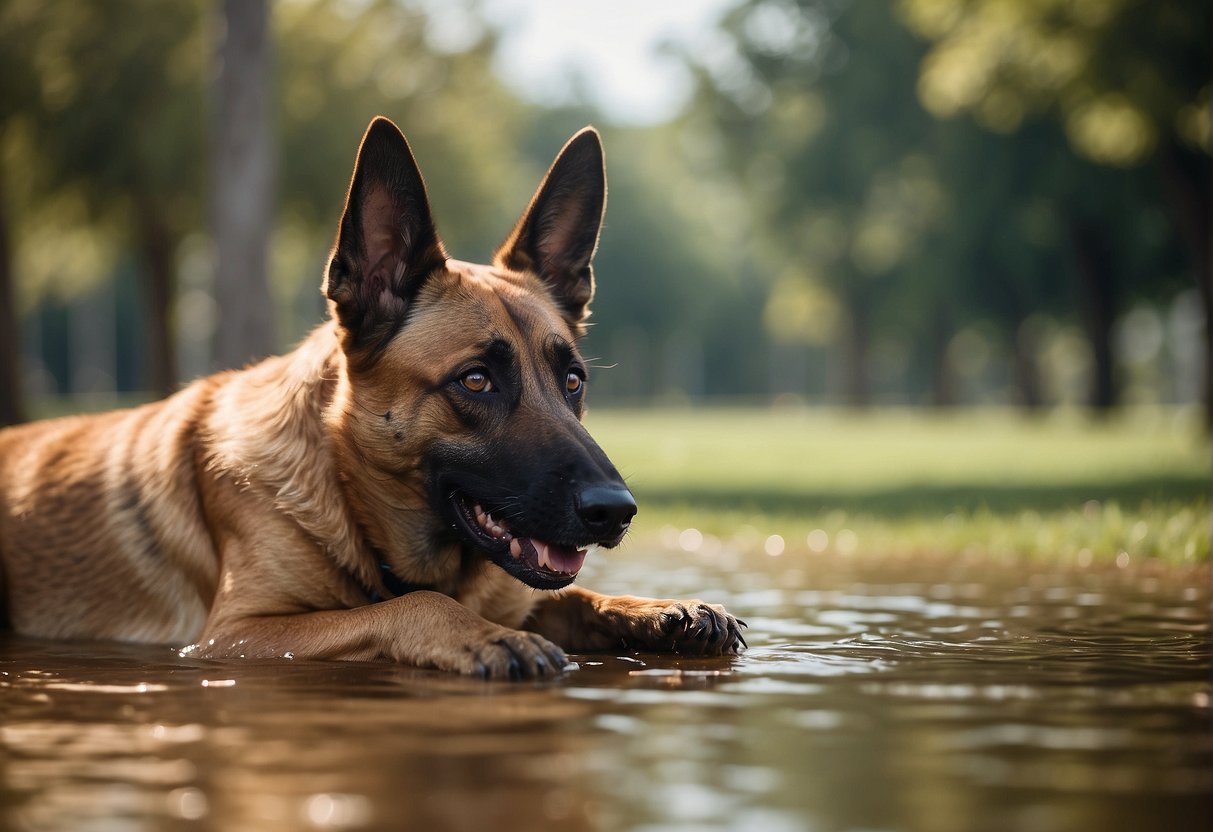 A Belgian Malinois dog panting in the heat, seeking shade and water for relief