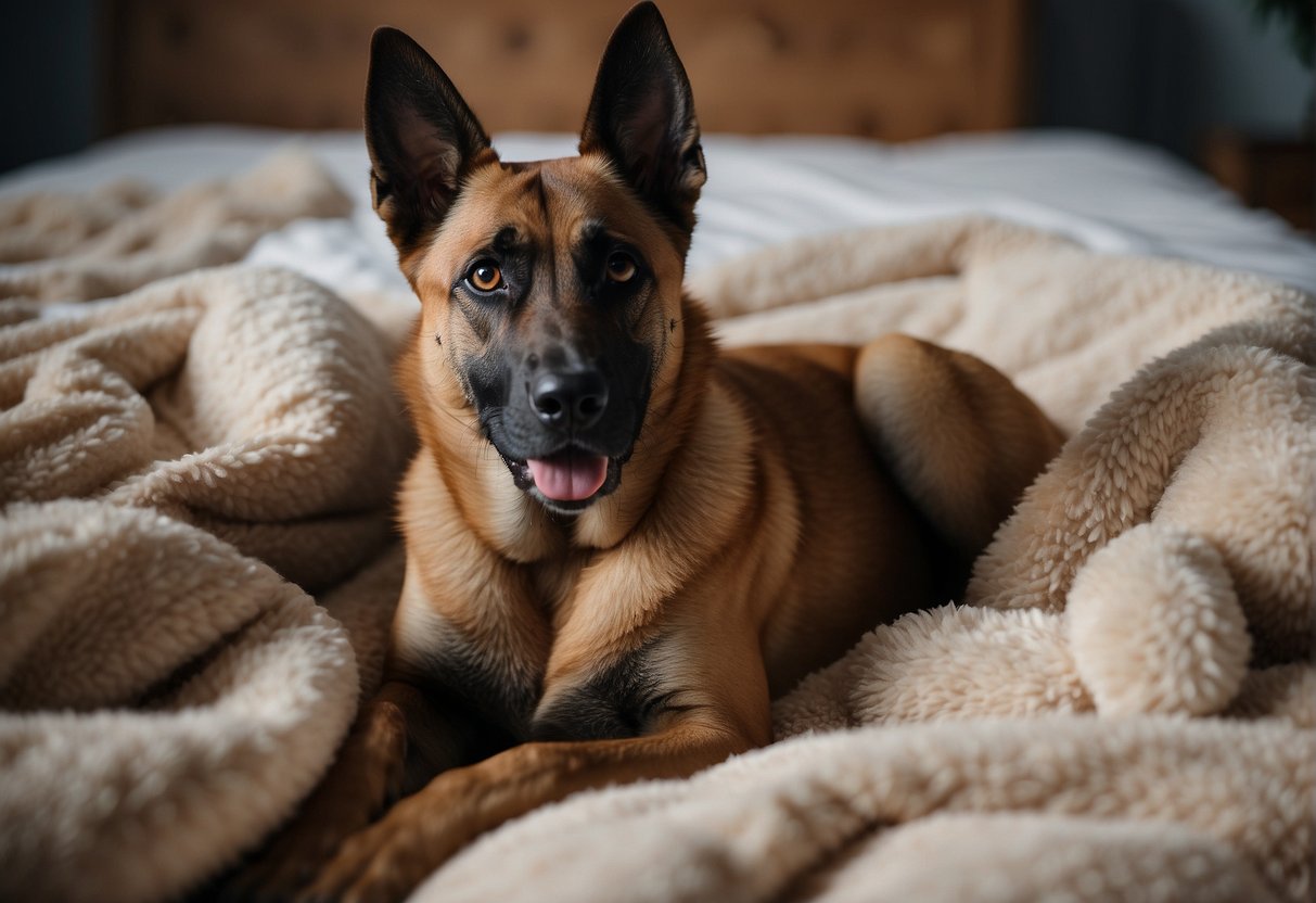 A Belgian Malinois dog is pregnant, her belly swollen with puppies. She rests in a comfortable, quiet space, surrounded by soft blankets and toys