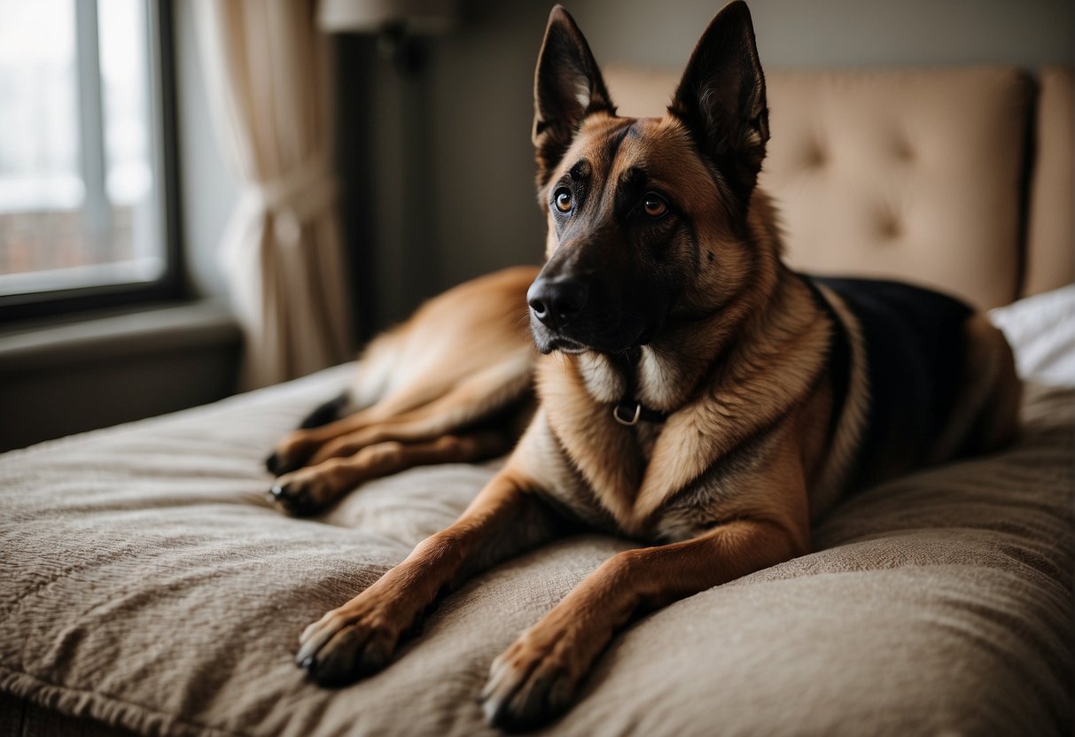 A Malinois Belgian Shepherd dog lies on a cozy bed, her belly swollen with puppies. She looks content and peaceful as she awaits the arrival of her litter