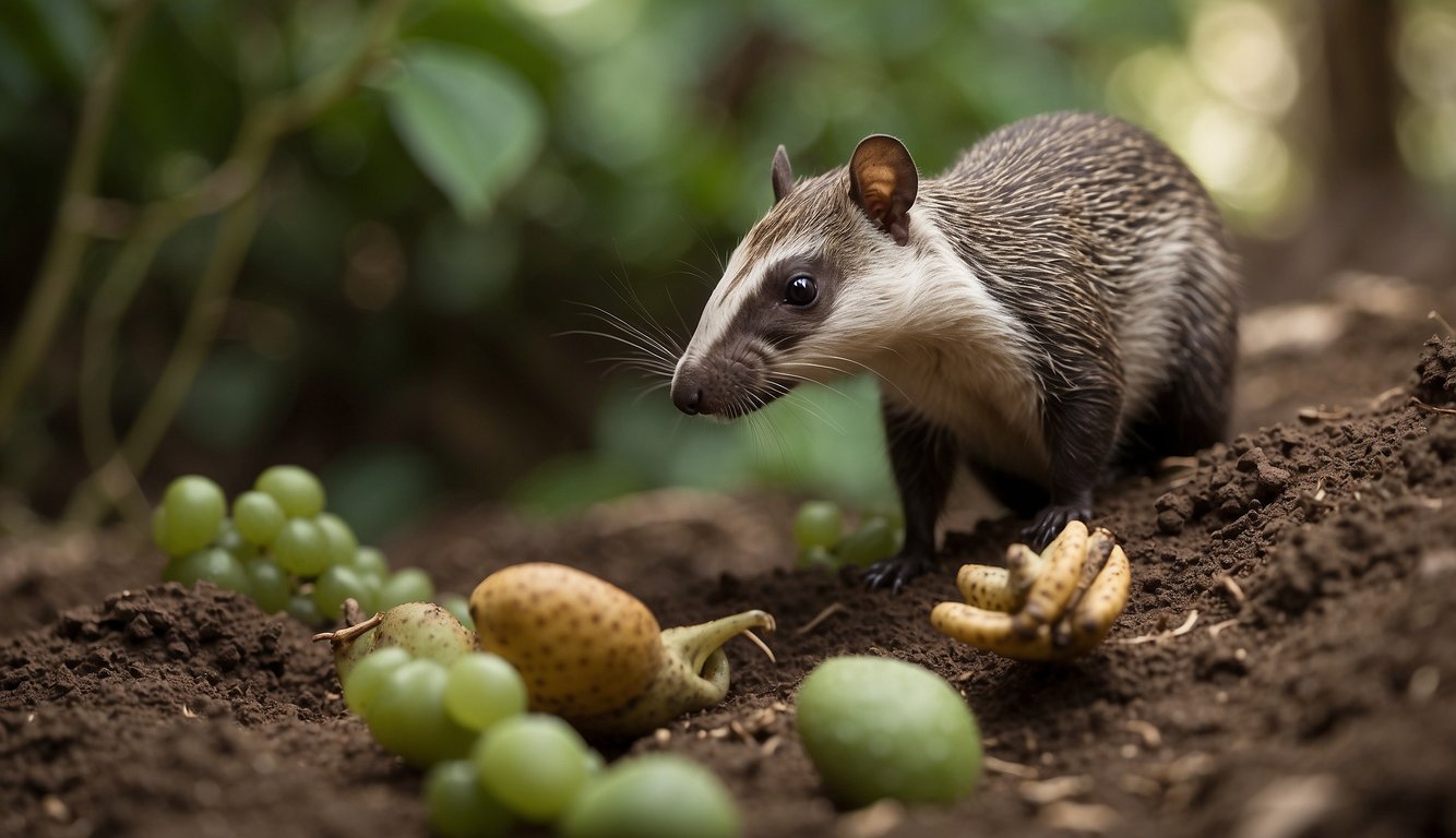 Fruitafossor, a small prehistoric mammal, is shown digging into the ground with its long snout, using its sharp claws to unearth insects like an anteater
