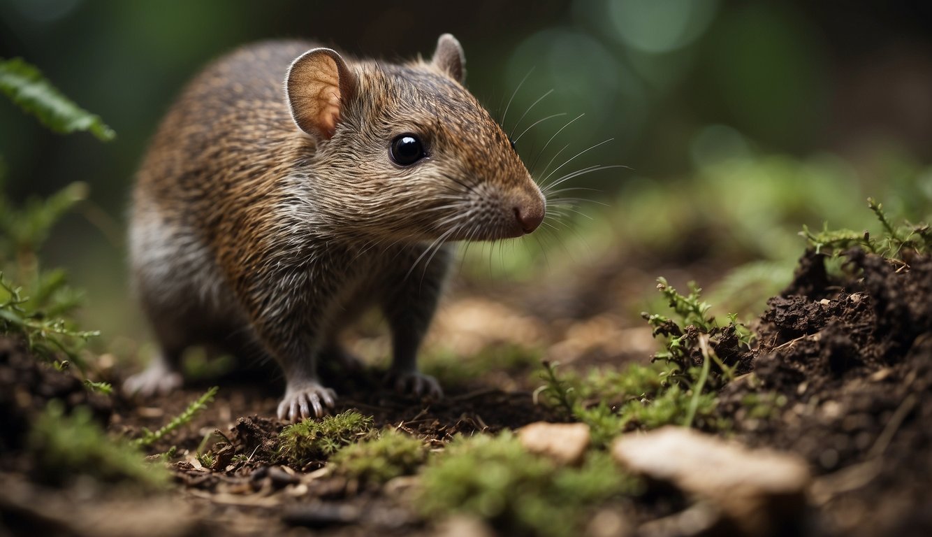 A small, burrowing mammal with a long snout, foraging for insects and grubs in the ancient forest floor