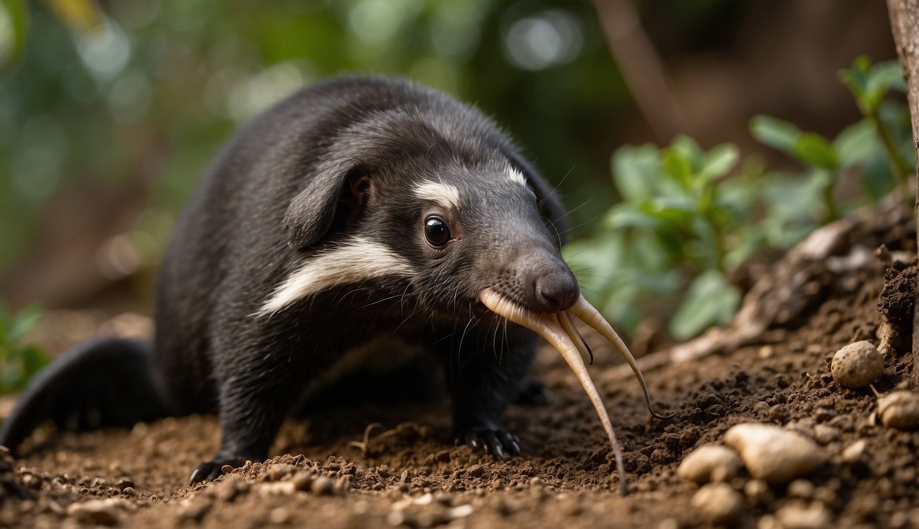 Fruitafossor digs with sharp claws, long snout, and powerful forelimbs.

It hunts for insects and grubs like an anteater