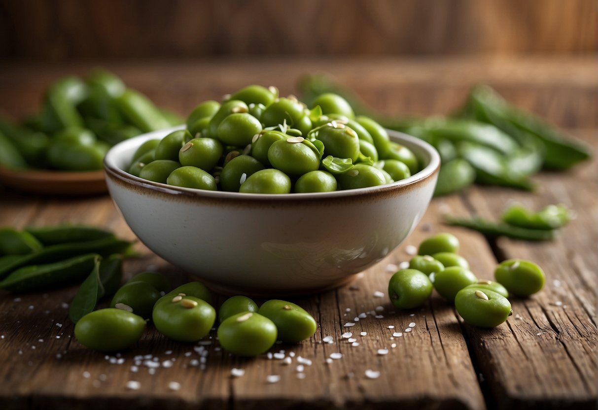 A bowl of edamame sits on a rustic wooden table, surrounded by scattered pods and a sprinkle of salt