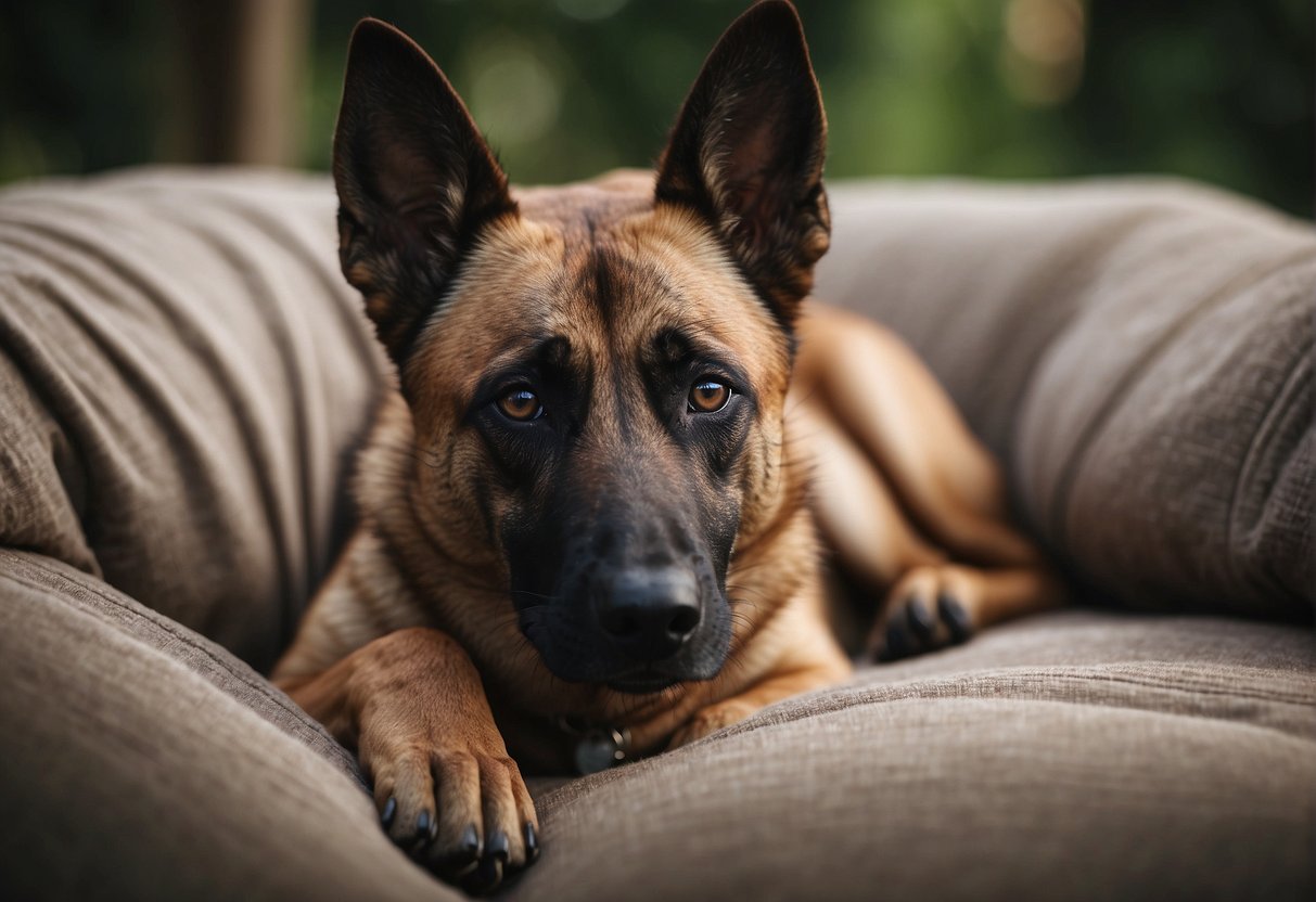 A Belgian Malinois dog gestates for about 63 days. Show a pregnant Malinois resting in a cozy, safe environment