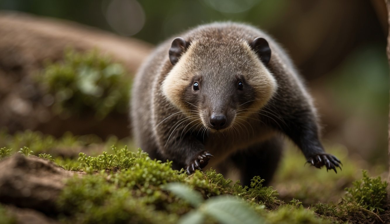 Fruitafossor digs with its sharp claws, hunting for insects like an anteater.

Its small, furry body moves swiftly through the prehistoric landscape