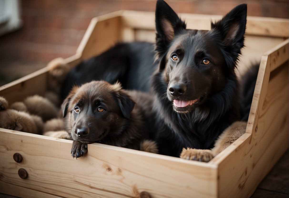 A Belgian shepherd dog nursing her puppies in a cozy, clean whelping box with soft bedding and a warm, nurturing atmosphere