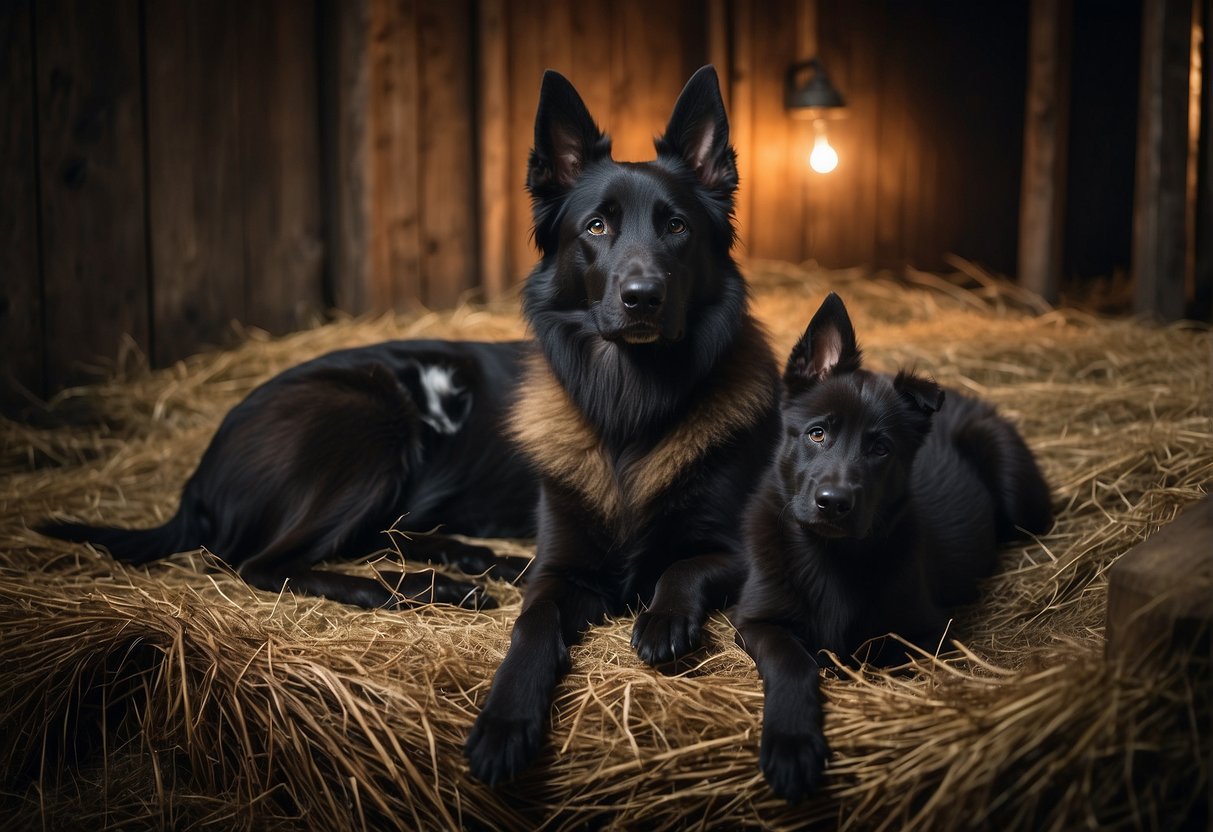 A Belgian Shepherd dog nursing her puppies in a cozy, dimly lit barn. The mother dog is tenderly caring for her litter as they snuggle close to her