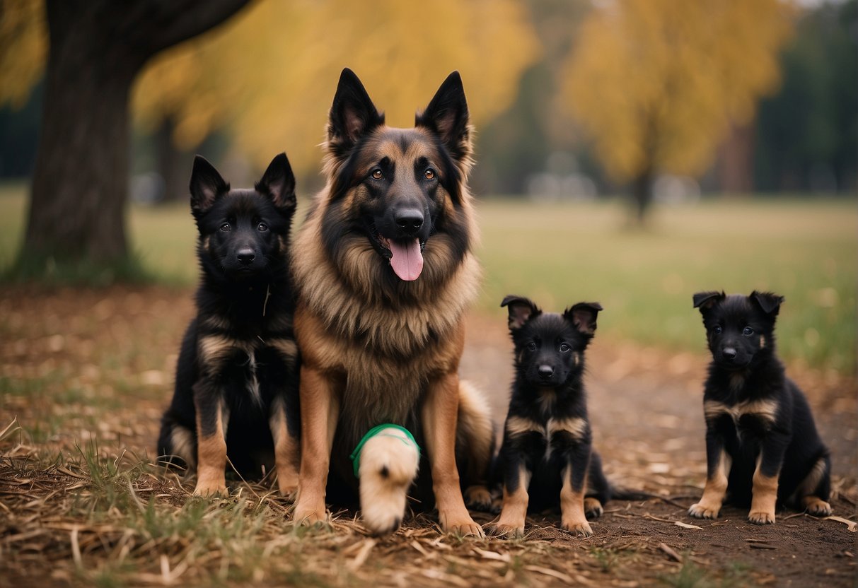 A Belgian shepherd dog with a litter of puppies, surrounded by curious onlookers