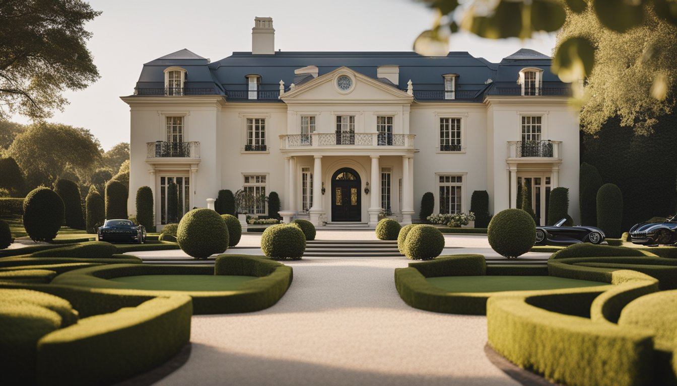 A luxurious mansion with a grand entrance and manicured gardens, surrounded by expensive cars and a private helicopter, symbolizing wealth and success