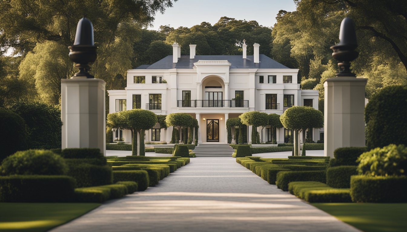 A luxurious modern mansion with a grand entrance and expansive grounds, surrounded by lush greenery and a serene atmosphere