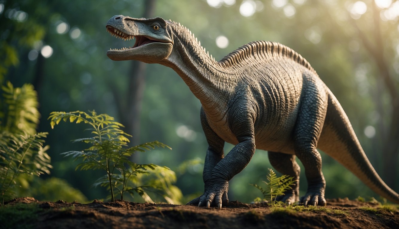 An Iguanodon stands tall, its long neck reaching for leaves.

Its powerful hind legs support its bulky body, while its thumb spike is prominently displayed