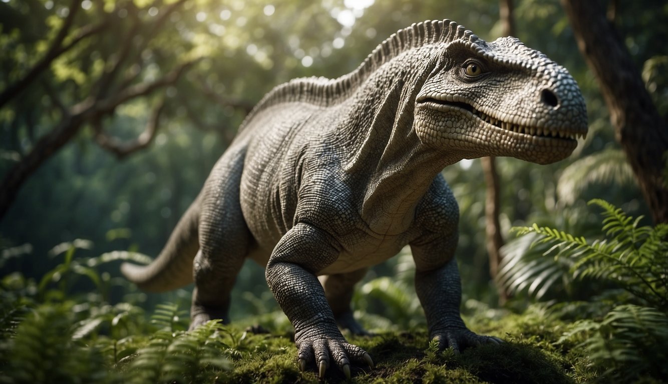 An Iguanodon stands tall, its long tail balancing its massive body.

Its sharp teeth are visible as it grazes on lush prehistoric vegetation