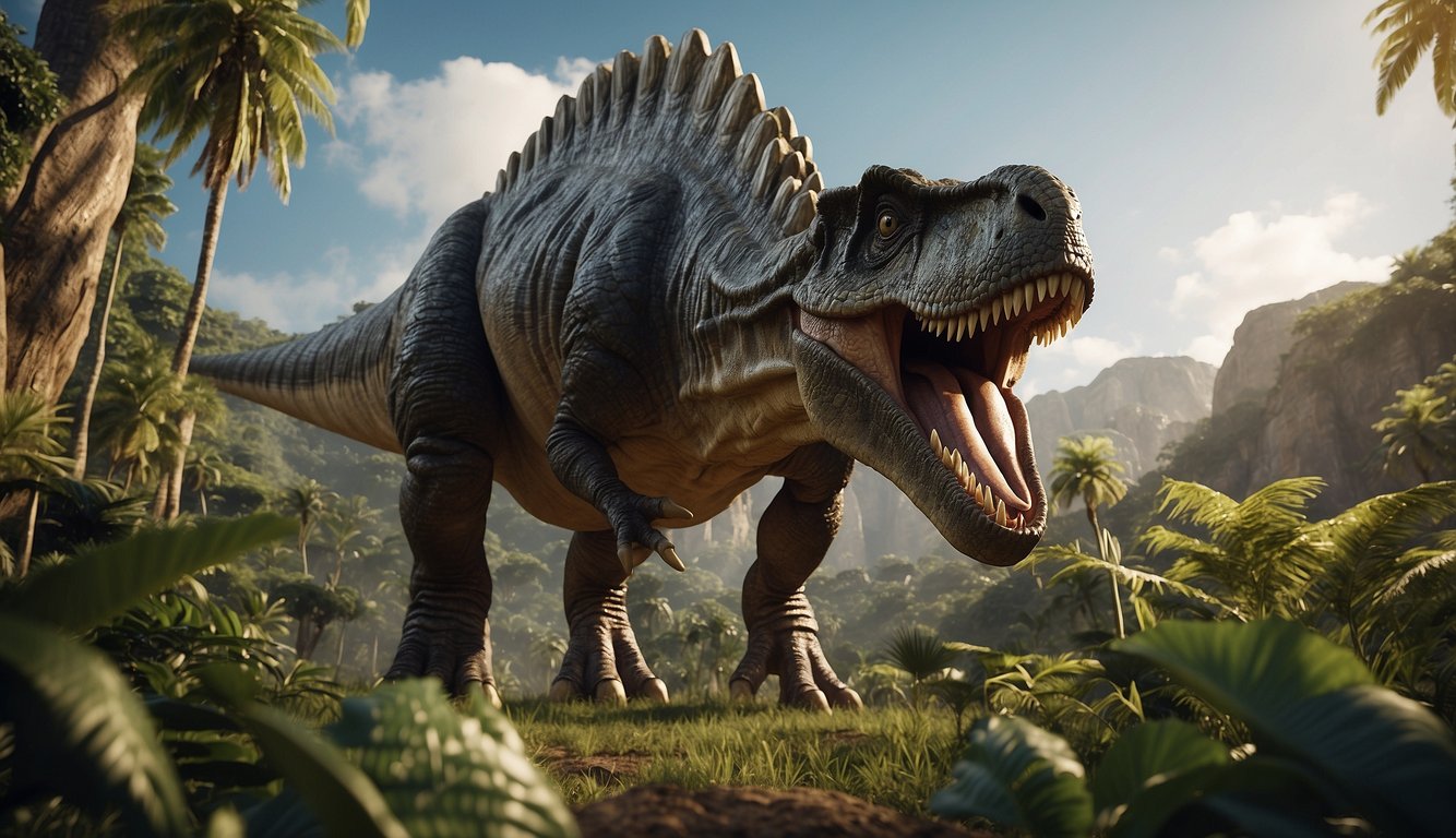 A towering Jobaria dinosaur peacefully grazes in a lush Jurassic landscape, its long neck reaching for foliage while its massive body dominates the scene