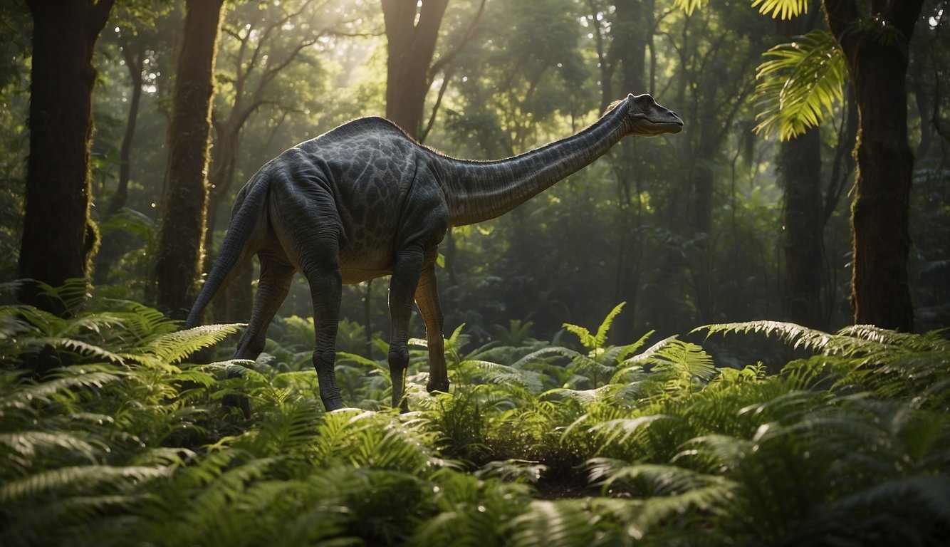 Jobaria peacefully grazes in a lush Jurassic landscape, surrounded by towering trees and ferns.

Its long neck reaches for leaves while its massive body rests on four sturdy legs
