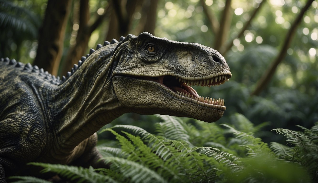 A massive Jobaria dinosaur grazes peacefully in a lush Jurassic landscape, surrounded by towering ferns and ancient trees