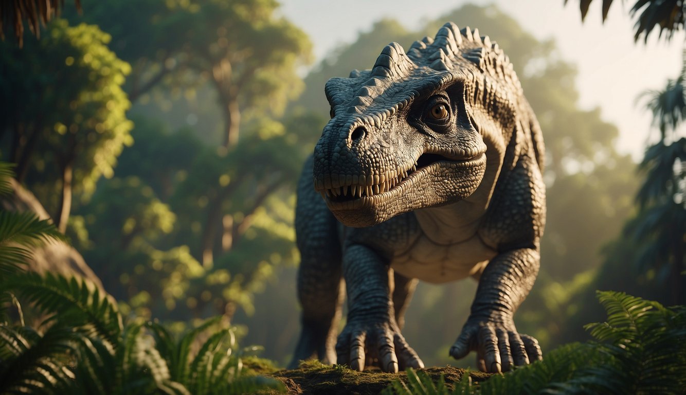 A towering Jobaria dinosaur peacefully roams a lush Jurassic landscape, surrounded by towering trees and prehistoric plants
