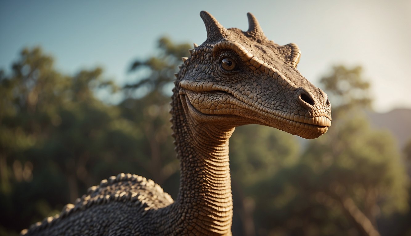 A Lambeosaurus stands tall, its long neck arched gracefully, showcasing its distinctive head crest, which resembles a hollow, backward-pointing hatchet