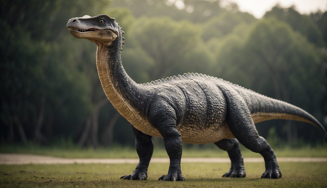 A giant Lambeosaurus stands tall, its long neck and tail gracefully curved.
Its head is adorned with a distinctive, elaborate crest, making it easily recognizable among other dinosaurs